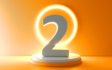 Number 2 in white on light yellow background, two number isolated 3d rendering. Number 2 on the podium.