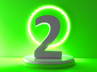 Number 2 in white on light green background, two number isolated 3d rendering. Number 2 on the podium.