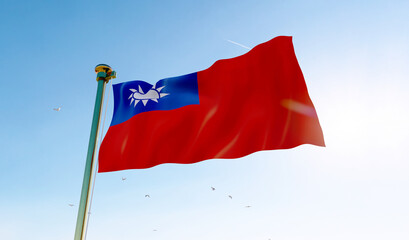Flag of Taiwan waving in the wind, sky and sun background. Bulgaria  Flag 3d rendering.