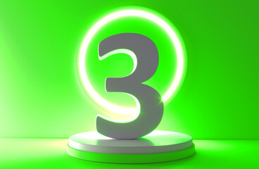 Number 3 in white on light green background, three number isolated 3d rendering. Number 3 on the podium.