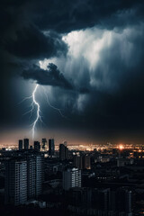 Lightning bolt hitting over city in the night sky over cityscape. Generative AI.