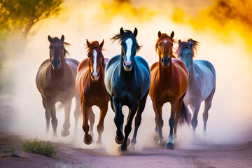 Group of horses running down dirt road next to field of grass. Generative AI.