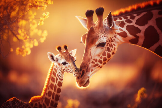 Couple of giraffe standing next to each other on field. Generative AI.