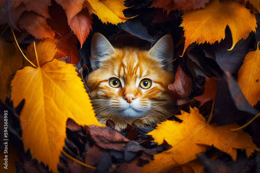 Sticker cat is peeking out from pile of leaves with its eyes wide open. generative ai.