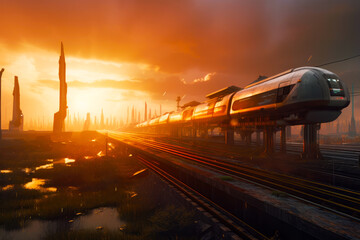 Train traveling down train tracks next to tall building with sunset in the background. Generative AI.