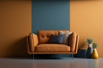 Modern cozy living room with deep blue and burnt orange wall. Contemporary interior design with trendy earth tones wall color and sofa for mockups. Generative AI.