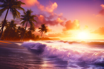 Fototapeta na wymiar Image of sunset over beach with palm trees and wave. Generative AI.