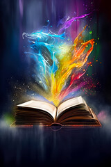Open book with colorful splash of paint coming out of the pages. Generative AI.