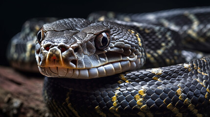 Wildlife Landscape of Boiga Snake Dendrophila Yellow Ringed Head of Boiga Dendrophila Sharp Fangs Terrific AI Generative