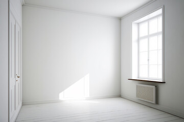 Empty room with window and radiator in the corner. Generative AI.