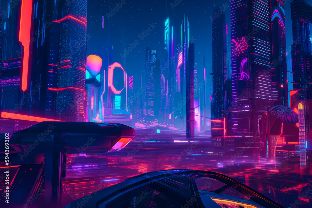 Poster Futuristic city with neon lights and futuristic car in the foreground. Generative AI.