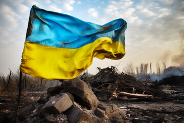 Blue and yellow flag sitting on top of pile of rubble next to forest. Generative AI.