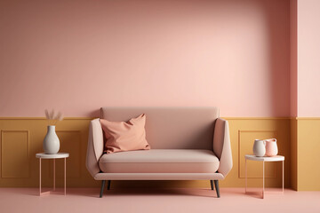 Modern living room with monochrome pastel pink and mustard empty wall. Contemporary interior design with trendy wall color and chair. Generative AI.