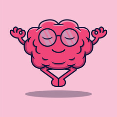 Vector cute cartoon character of intelligent human brain with glasses meditating
