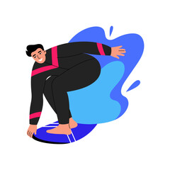 Male character surfing. Surfer standing on surfboard in wave. Flat vector illustration on white background.