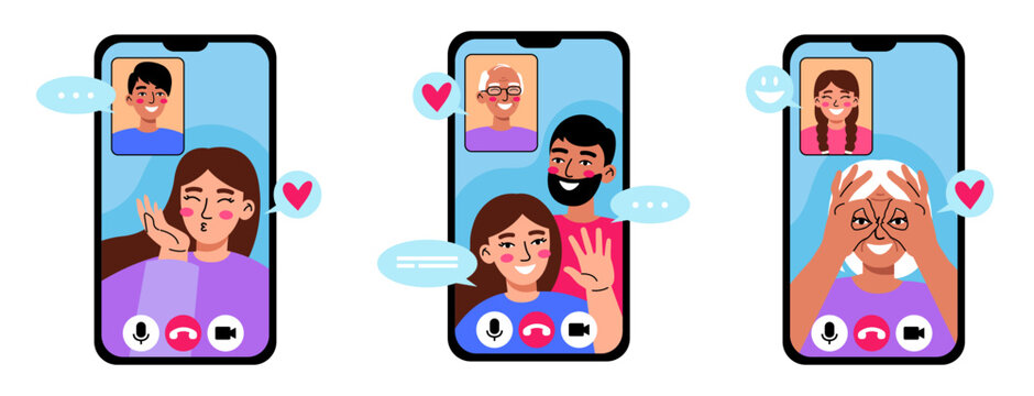 Video communication conference with family on the Internet. People make a video call via mobile phone.  Flat vector illustration.