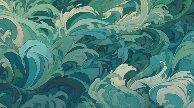 swirling shapes in shades of blue and green. digital art illustration. generative AI © Hatia