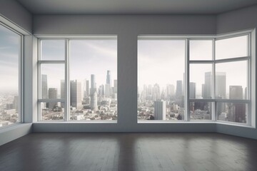 Downtown Los Angeles City Skyline Buildings from High Rise Window. Beautiful Expensive Real Estate overlooking. Empty room Interior. Mockup wall. Skyscrapers Cityscape. Day.. Generative AI