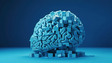 Brain from blocks on a pure blue background. Generative Ai