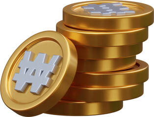 Stack of gold won coin currency market financial or investment money banking treasure wealth cash and golden won pile economy with business earnings profit sign. 3D render