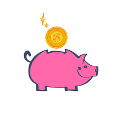 Obraz premium Money in a piggy bank. Money saving concept. Vector illustration sketch design. Isolated on white background. Coin putting in a piggy bank. Cartoon sketch style.