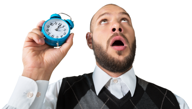 Creative funny pensive businessman with alarm clock with concept strategy