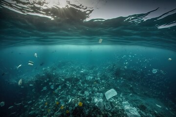 Naklejka na ściany i meble Plastic pollution in ocean. Generative ai
