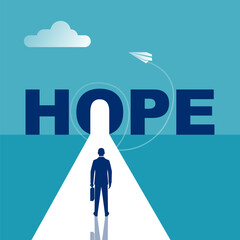 Hope concept. Businessman looks up with hope. The way forward. Light of future. Striving for growth and inspiration. Motivational template for web. New opportunity. Vector illustration flat design.