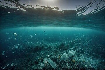 Plastic pollution in ocean. Generative ai