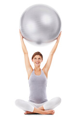 Pregnant woman, holding exercise ball and gym for training, wellness and self care by png background. Isolated model, pregnancy and workout with smile for yoga lotus, pilates or muscle development