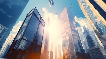 Business city center buildings with flight plane background. Generative Ai
