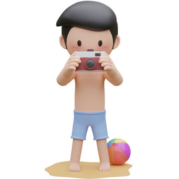 cute boy taking a photo on the beach in summer