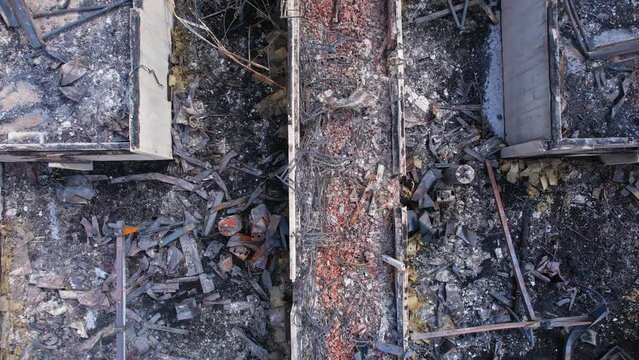 Houses units severely damaged in major Vaughan fire. Fire near Pine Valley Drive and Teston Road on April 12, 2023. Aftermath of large fire in windy hot and dry day in Vaughan, Ontario, Canada.