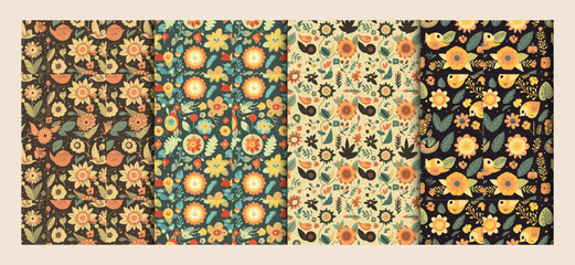 flower seamless pattern set for traditional Thai fabric and wedding fabric pattern design with silhouette vector illustration . 