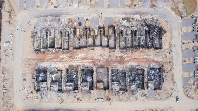 Houses units severely damaged in major Vaughan fire. Fire near Pine Valley Drive and Teston Road on April 12, 2023. Aftermath of large fire in windy hot and dry day in Vaughan, Ontario, Canada.