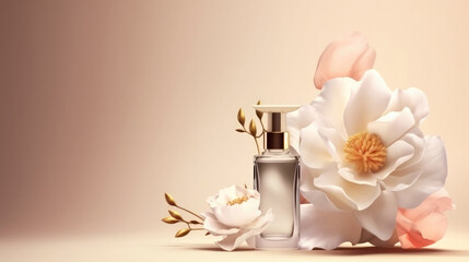 Perfumery concept made with perfume bottle and flowers with copy space. Created with Generative AI technology.