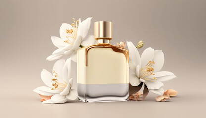 Perfumery concept made with perfume bottle and flowers. Created with Generative AI technology.
