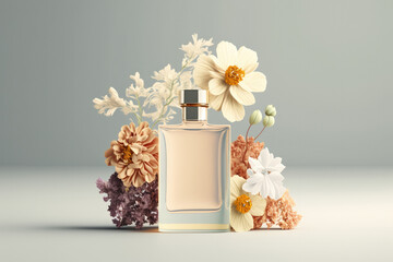 Perfumery concept made with perfume bottle and flowers. Created with Generative AI technology.