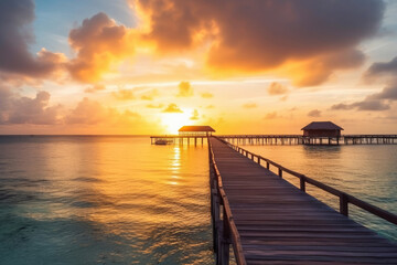 Fototapeta premium Sunset on the island of Maldives at a resort. Generative AI