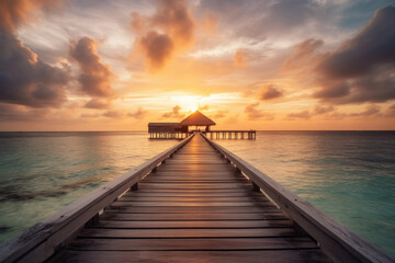 Sunset on the island of Maldives at a resort. Generative AI
