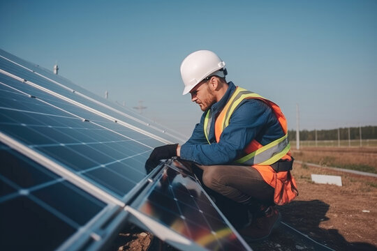 worker installing solar panels. Generative AI