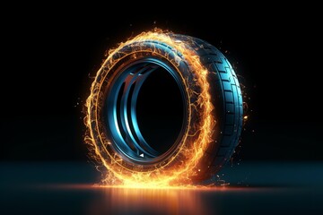 Ultrabright Fire: Transparent Tires in Spirit Form with Veiling Flare, Set Against Ultrabright Blue Background and Realistic Side-View. Super Realistic with Light Gold Background