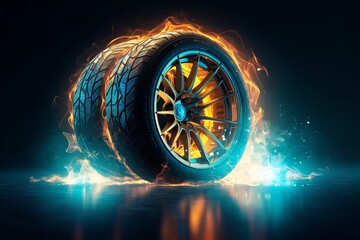 Ultrabright Fire: Transparent Tires in Spirit Form with Veiling Flare, Set Against Ultrabright Blue Background and Realistic Side-View. Super Realistic with Light Gold Background