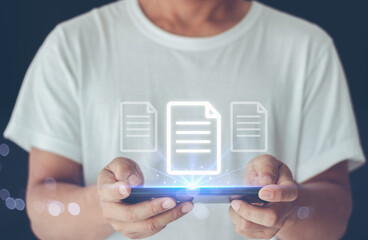 hand phone with file in screen. online management documentation. businessman using smartphone with document data icon. process information paperwork virtual business data transmission via mobile phone