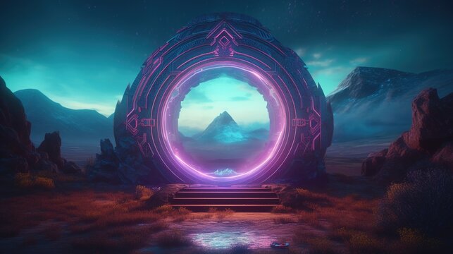 A circle Purple Neon Magic Portal in a futuristic style, by night, cosmos, Edited generative AI