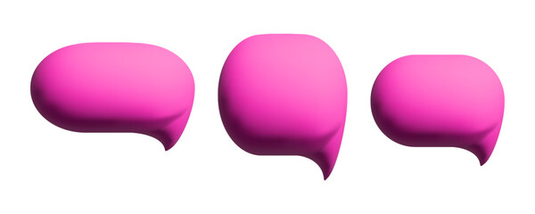 Set of 3D speech bubbles matte pink. Three social media chat message icons, blank realistic dialogue symbols. Vector illustration isolated on white background