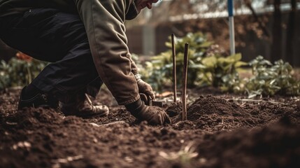 Planting palnts by gardening man in garden. Generative AI
