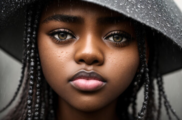 beautiful african american girl in the rain. Generative AI.