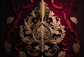 A golden foliage ornament on a maroon background. Baroque style. Created with Generative AI.