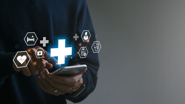 The concept of online medical consultation.Medical technology and innovation concept.Digital healthcare and network connection for a network of users.Copy space.